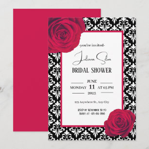 Red Black and White damask bridal shower Invitation
