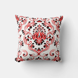 Red Black and White Damask Floral Pattern Elegant  Throw Pillow