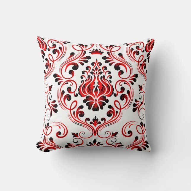Red Black and White Damask Floral Pattern Elegant  Throw Pillow (Front)