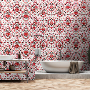 Red Black and White Damask Floral peel and stick Wallpaper