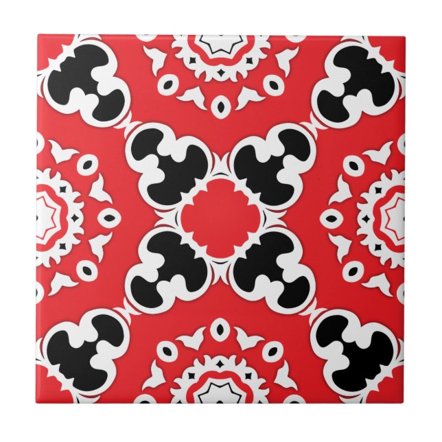 Red Black and White Elegant Ornate Damask Baroque Tile (Front)