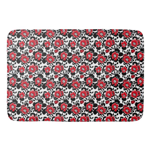 Red, Black and White Flowers Pattern Bath Mat (Front)
