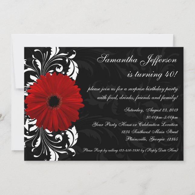 Red, Black and White Gerbera Daisy 40th Birthday Invitation (Front)