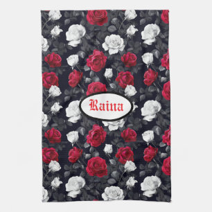 Red Black and White Goth Roses  Kitchen Towel