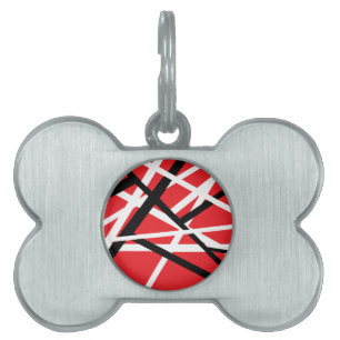 red, black, and white graphic pet ID tag