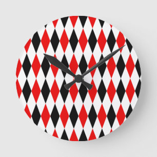Red Black and White Harlequin Diamonds Pattern Round Clock