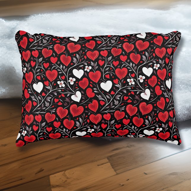 Red, Black and White Hearts and Flowers Pattern Accent Pillow (Creator Uploaded)