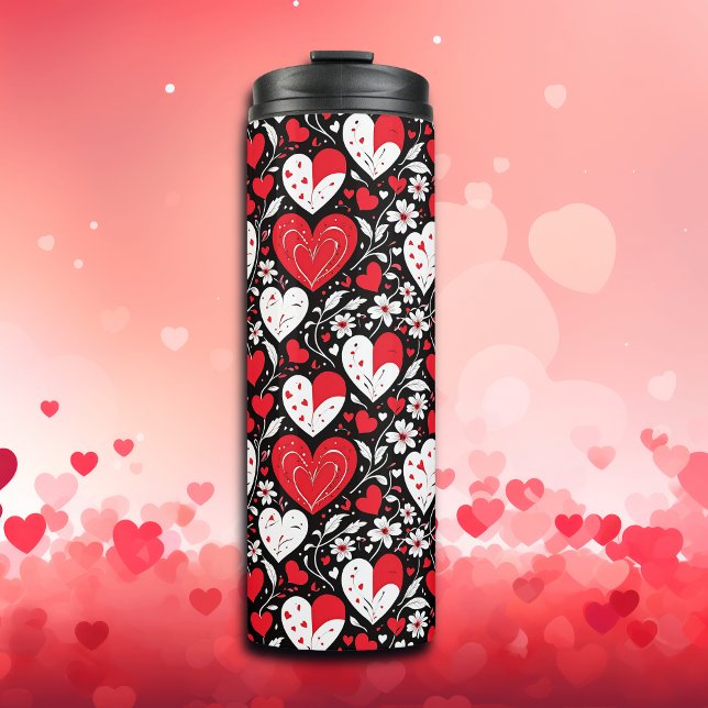 Red, Black and White Hearts and Flowers Pattern Thermal Tumbler (Creator Uploaded)