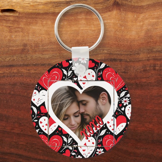 Red, Black and White Hearts and Flowers Photo Keychain (Front)