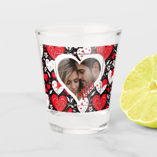 Red, Black and White Hearts and Flowers Photo Shot Glass