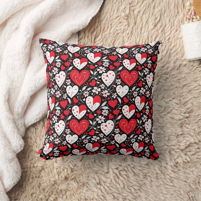 Red, Black and White Hearts and Flowers Romantic Throw Pillow (Blanket)