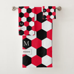 Red, Black and White Hexagons Monogram Bath Towel Set