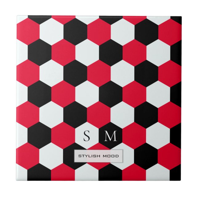 Red, Black and White Hexagons Monogram Tile (Front)