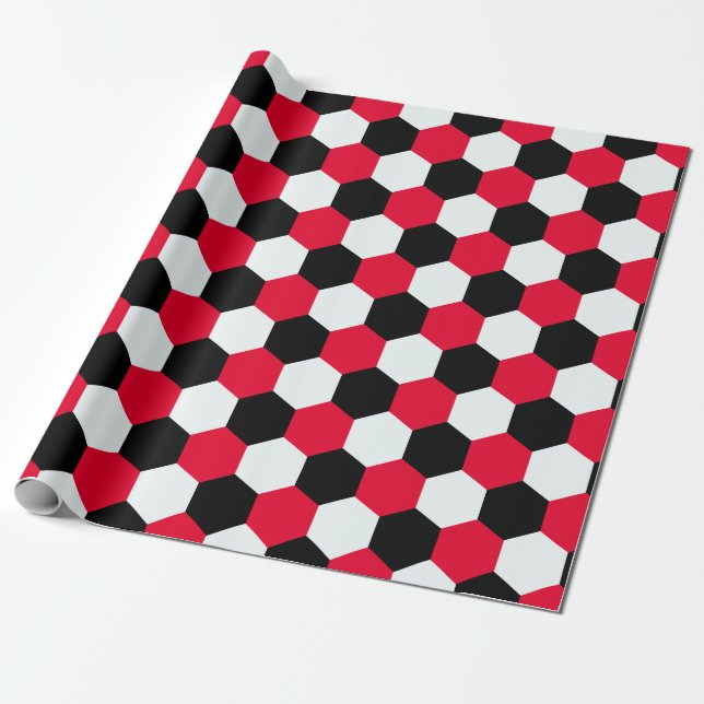 Red, Black and White Hexagons Wrapping Paper (Unrolled)