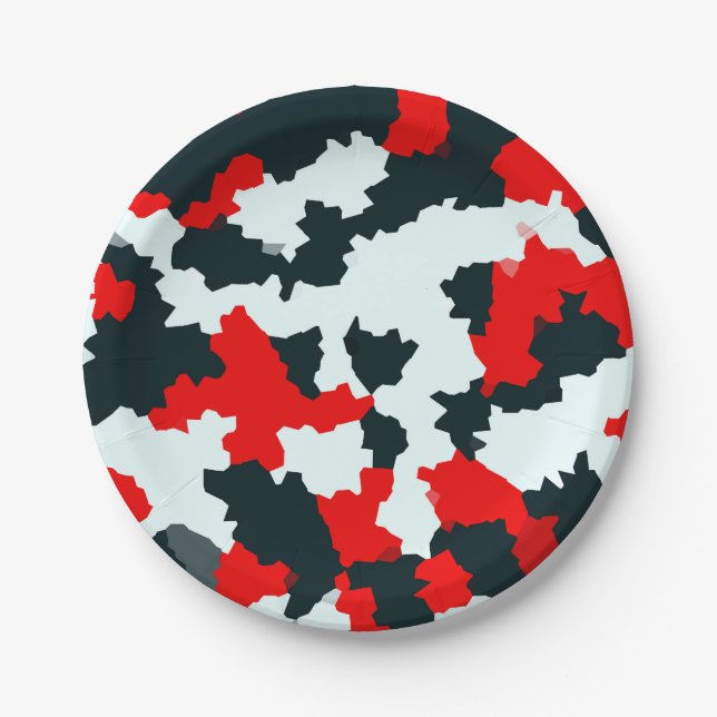 Red Black and White Irregular Abstract Paper Plate (Front)