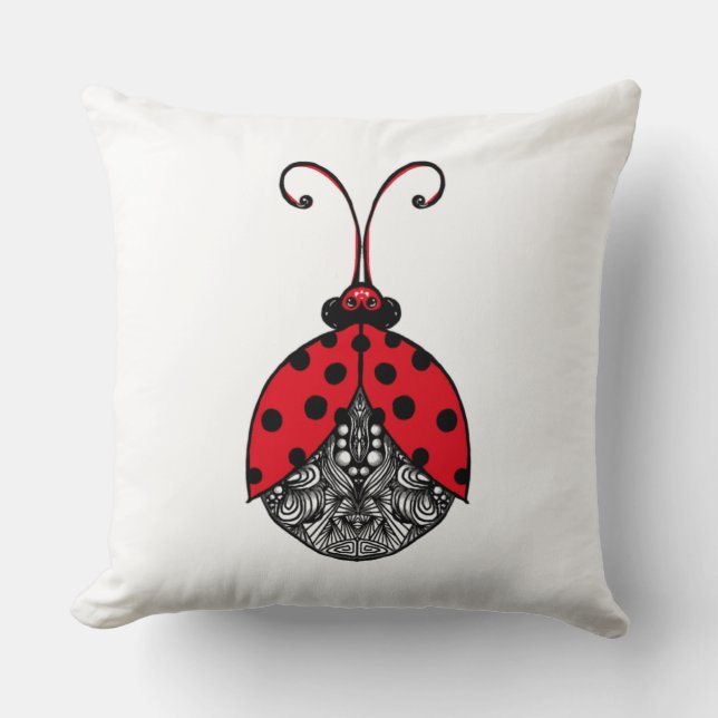 Red black and white line tangle ladybug throw pillow (Front)