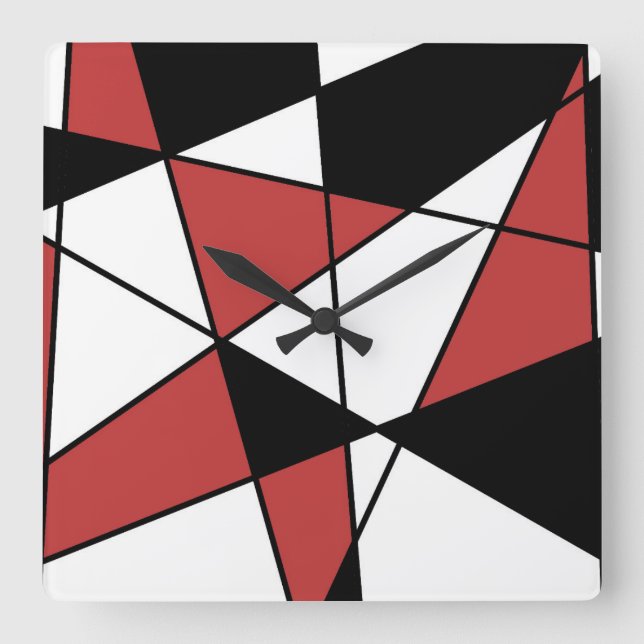 Red Black and White Modern Geometric Pattern Square Wall Clock (Front)