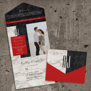 Red Black and White Monogram Wedding All In One Invitation