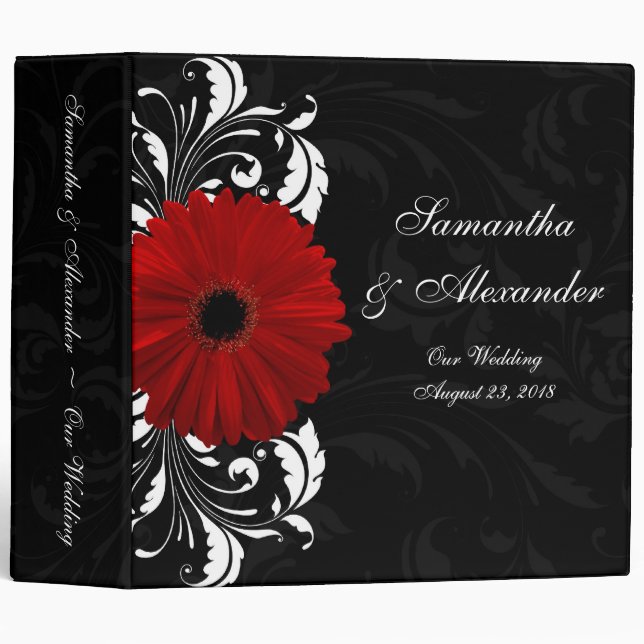 Red, Black and White Scroll Gerbera Daisy Binder (Front/Spine)