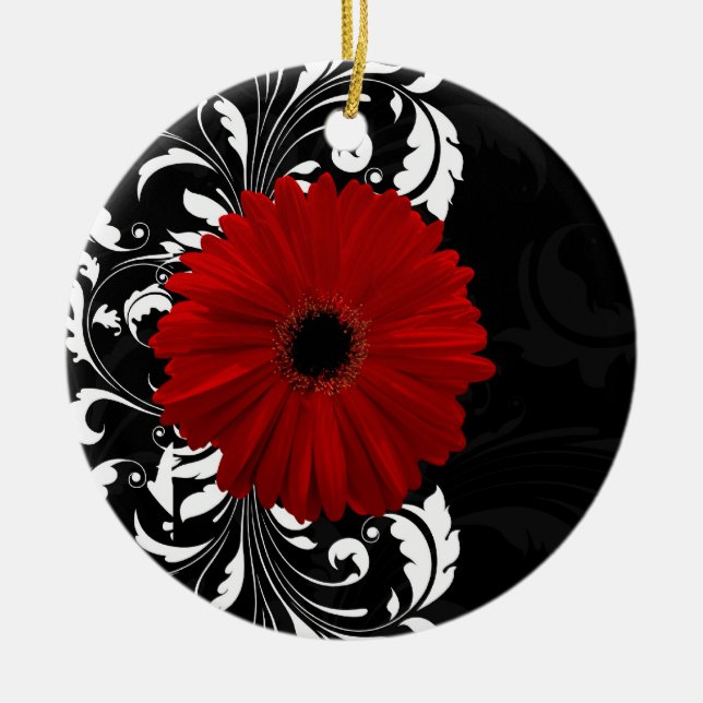 Red, Black and White Scroll Gerbera Daisy Ceramic Ornament (Front)