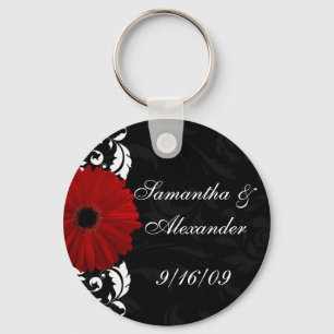 Red, Black and White Scroll Gerbera Daisy Keychain