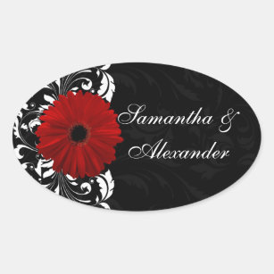 Red, Black and White Scroll Gerbera Daisy Oval Sticker