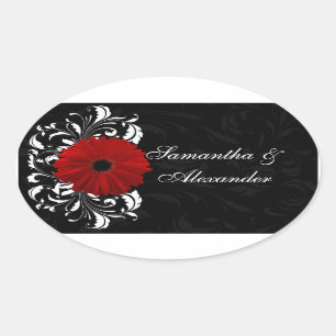 Red, Black and White Scroll Gerbera Daisy Oval Sticker
