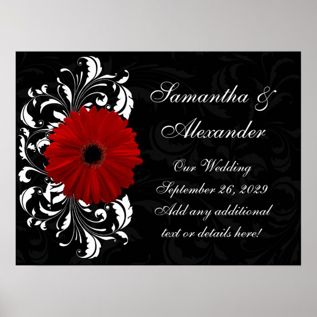 Red, Black and White Scroll Gerbera Daisy Poster (Front)