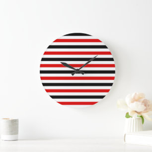 Red Black and white stripes design Large Clock