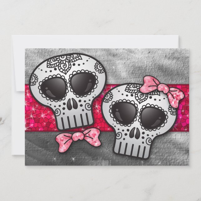 Red Black and White Sugar Skull Wedding Glitter Invitation (Back)