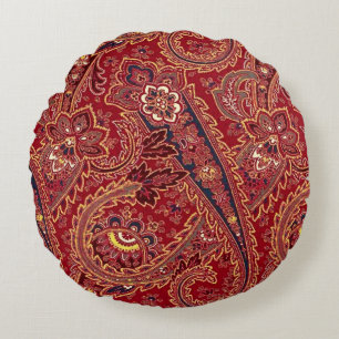 Red, Black and White Vintage Paisley Floral Round Pillow