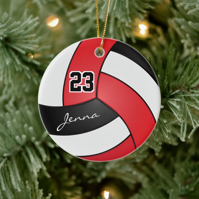 Red, Black and White  🏐 Volleyball Ceramic Ornament (Tree)