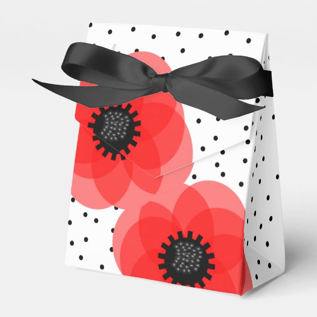 Red Black and whitw Polka Dot and Poppies Design Favor Box (Front Side)