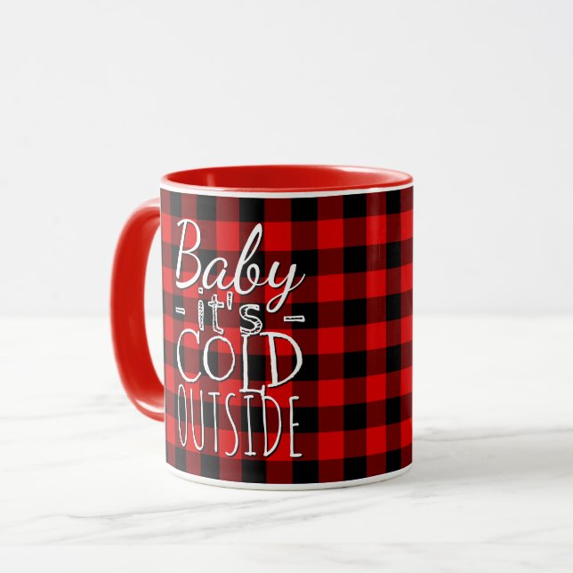 Red Black Baby Its Cold Outside Plaid Pattern Mug (Front Left)