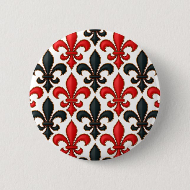 Red Black Baroque Fleur-de-lis Pattern Design  2 Inch Round Button (Front)