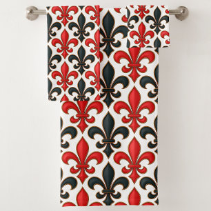 Red Black Baroque Fleur-de-lis Pattern Design  Bath Towel Set