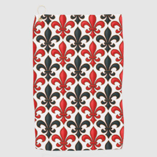 Red Black Baroque Fleur-de-lis Pattern Design  Golf Towel