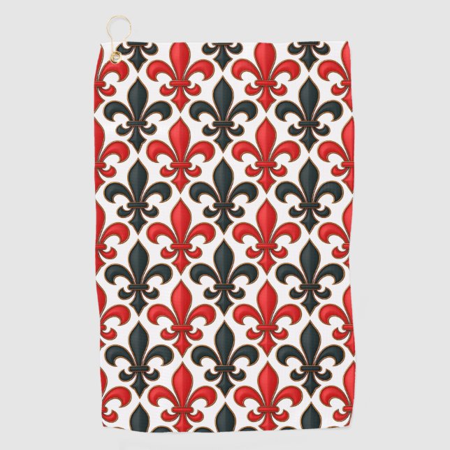 Red Black Baroque Fleur-de-lis Pattern Design  Golf Towel (Front)