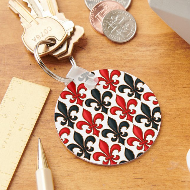 Red Black Baroque Fleur-de-lis Pattern Design  Keychain (Creator Uploaded)