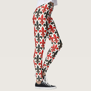 Red Black Baroque Fleur-de-lis Pattern Design  Leggings