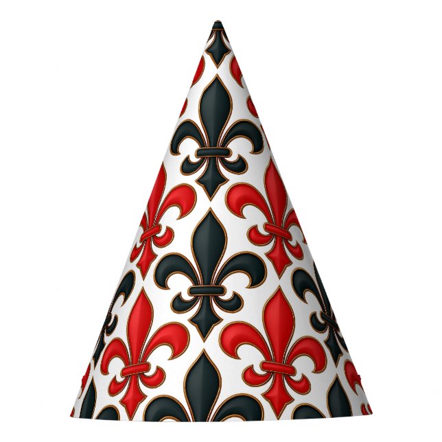 Red Black Baroque Fleur-de-lis Pattern Design  Party Hat (Front)