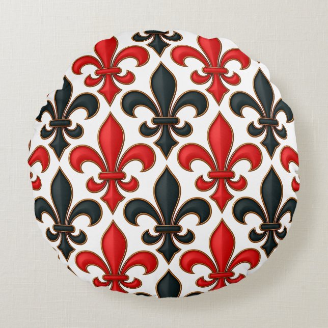 Red Black Baroque Fleur-de-lis Pattern Design  Round Pillow (Front)