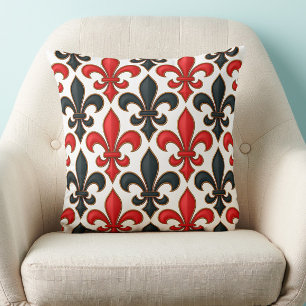 Red Black Baroque Fleur-de-lis Pattern Design Throw Pillow