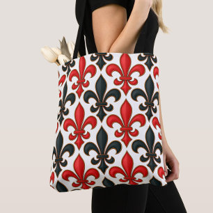 Red Black Baroque Fleur-de-lis Pattern Design Tote Bag
