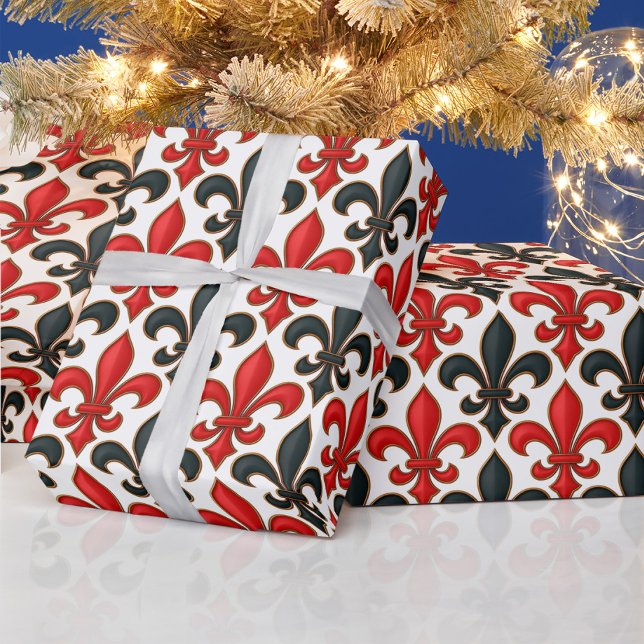 Red Black Baroque Fleur-de-lis Pattern Design  Wrapping Paper (Creator Uploaded)