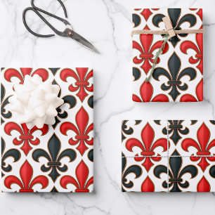 Red Black Baroque Fleur-de-lis Pattern Design Wrapping Paper Sheet