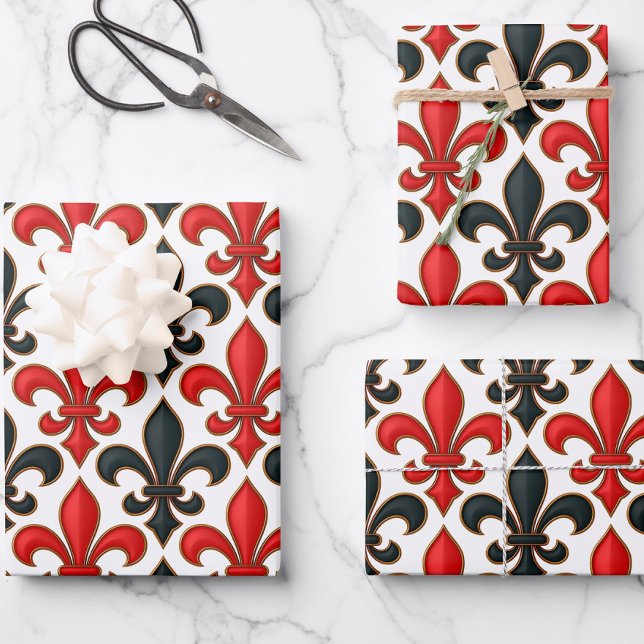 Red Black Baroque Fleur-de-lis Pattern Design  Wrapping Paper Sheet (Creator Uploaded)