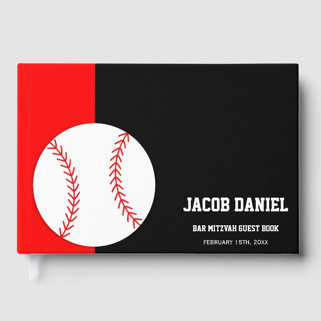 Red Black Baseball Bar Mitzvah Guest Book (Front)