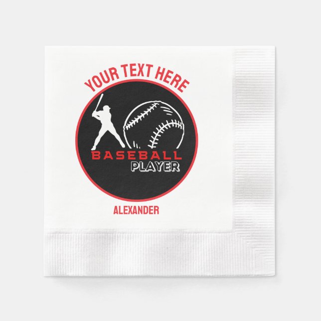 Red Black Baseball Girl Boy Birthday Party Napkin (Front)