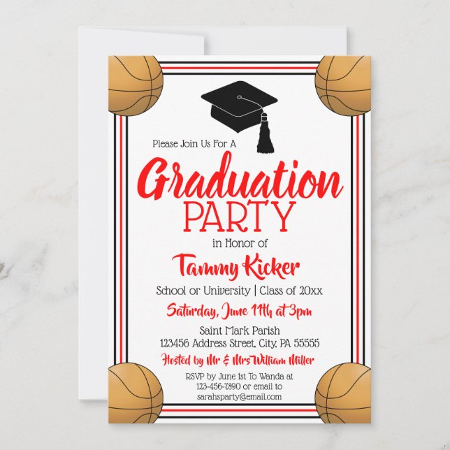 Red & Black Basketball Graduation Party Invitation (Front)